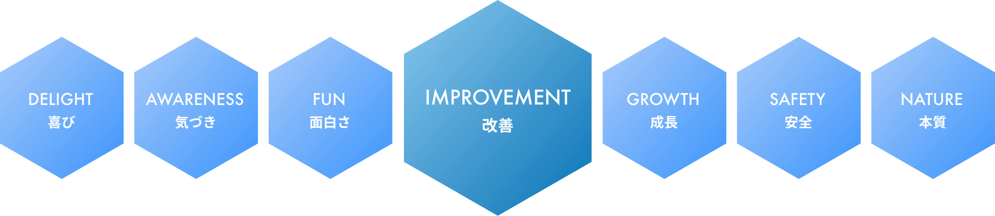 DELIGHT 喜び・AWARENESS 気づき・FUN 面白さ・IMPROVEMENT 改善・GROWTH 成長・SAFETY 安全・NATURE 本質